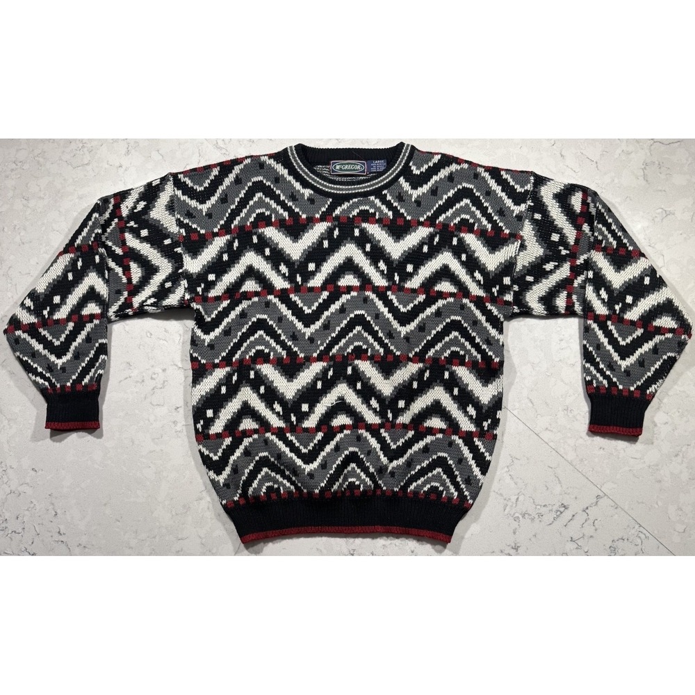 VTG 80s McGregor Crewneck Sweater Mens Large Black Geometric Chevron Knit Cosby